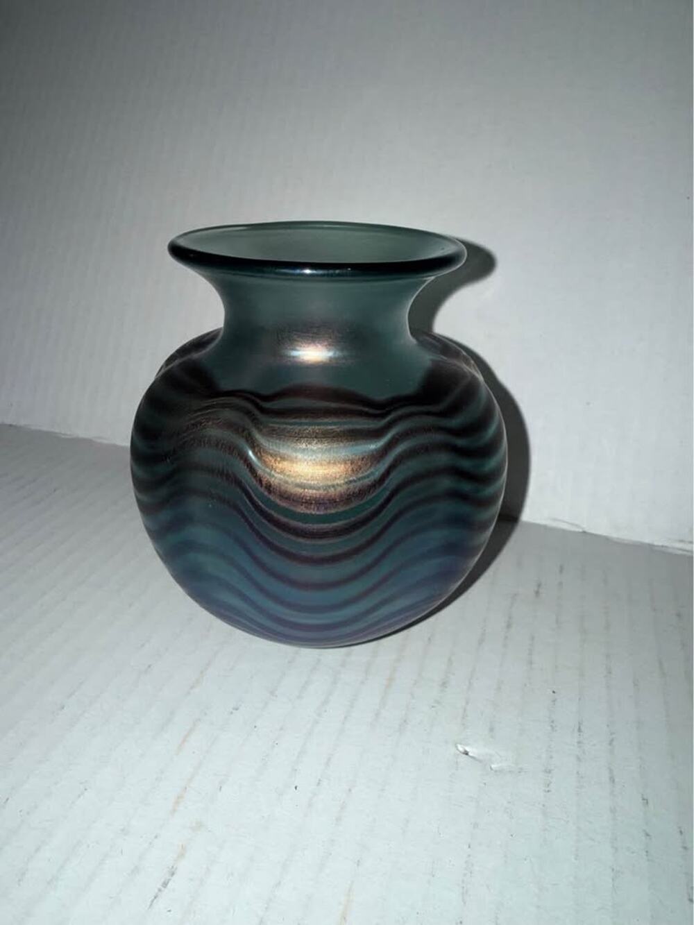 VTG signed “Roy Wilson” Hand Blown Murano Vase Black w/Blue Bands “1987 signed”